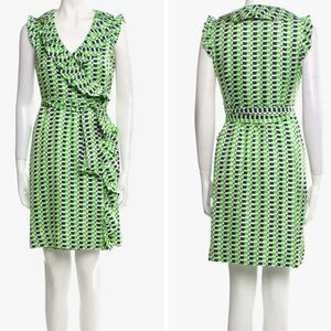 KATE SPADE Aubrey Wrap Silk Geo Print Belted Ruffle Midi Dress Green & Navy Blue
